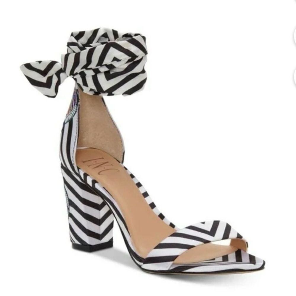 INC KANATA Black White Fabric Stripe Colorful Embroidered Tribal Print Heels